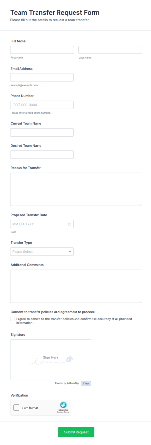 Team Transfer Request Form Template