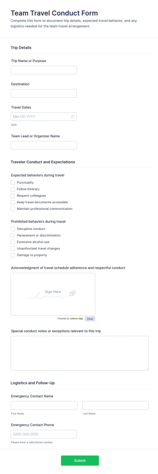 Team Travel Conduct Form Template