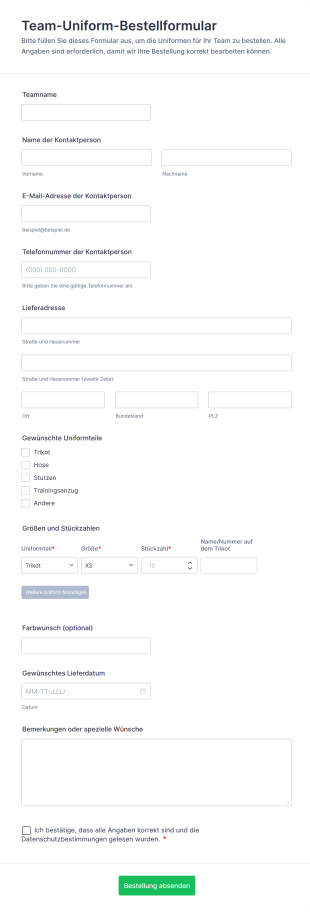 Team Uniform Bestellformular