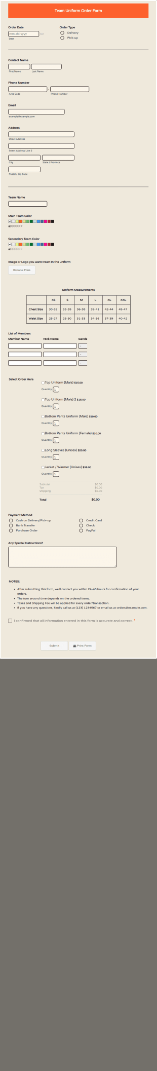 Team Uniform Order Form Template