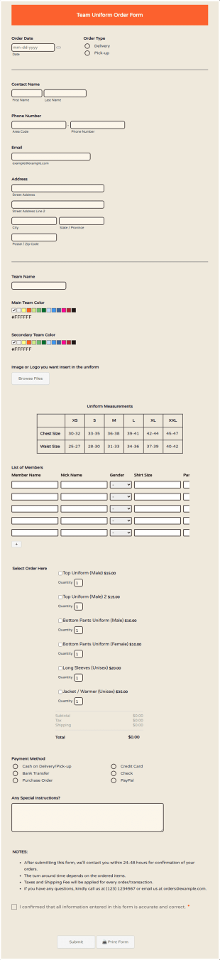 Team Uniform Order Form Template