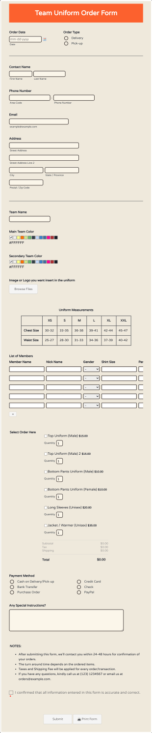 Team Uniform Order Form Template
