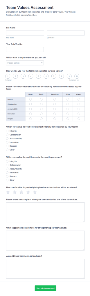 Team Values Assessment Form Template