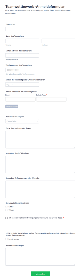 Team Wettbewerbsteilnahmeformular