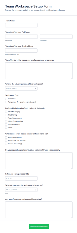 Team Workspace Setup Form Template