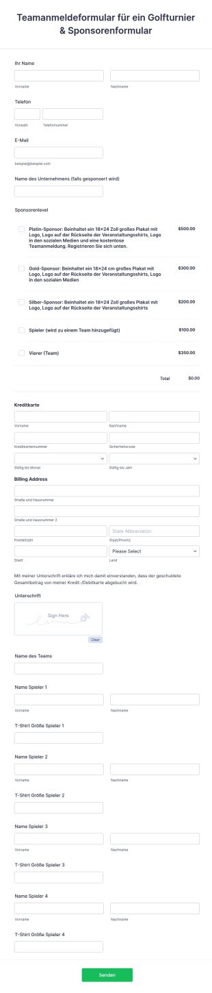 Teamanmeldeformular Für Ein Golfturnier & Sponsorenformular