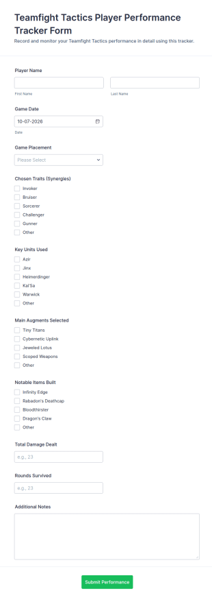 Teamfight Tactics Player Performance Tracker Form Template