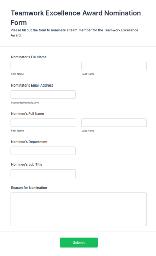 Teamwork Excellence Award Nomination Form Template