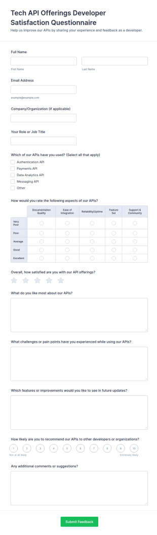 Tech API Offerings Developer Satisfaction Questionnaire Form Template