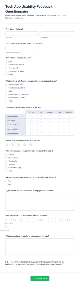 Tech App Usability Feedback Questionnaire Form Template