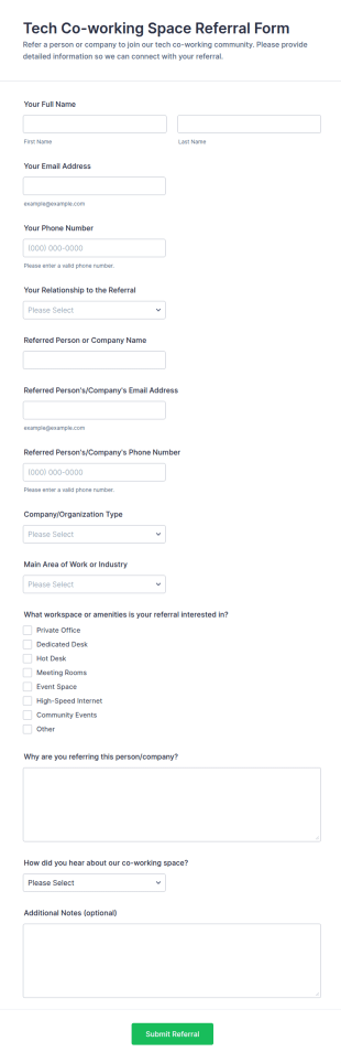 Tech Co Working Space Referral Form Template