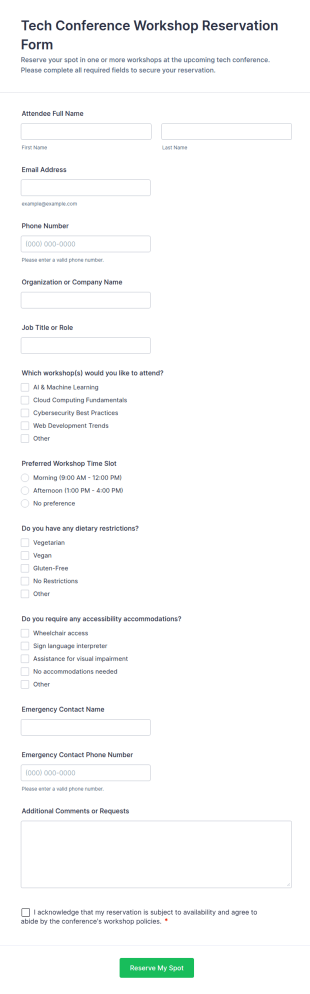 Tech Conference Workshop Reservation Form Template