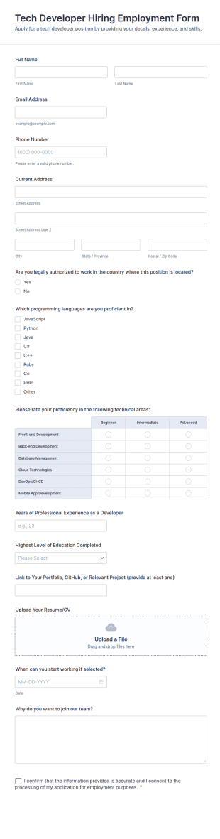 Tech Developer Hiring Employment Form Template