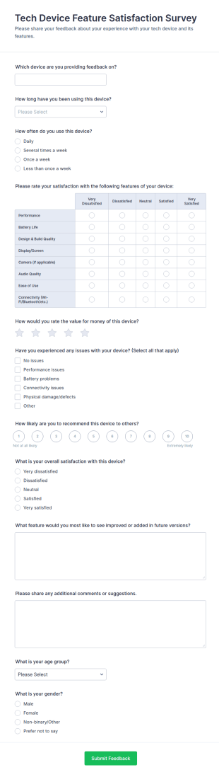 Tech Device Feature Satisfaction Survey Form Template