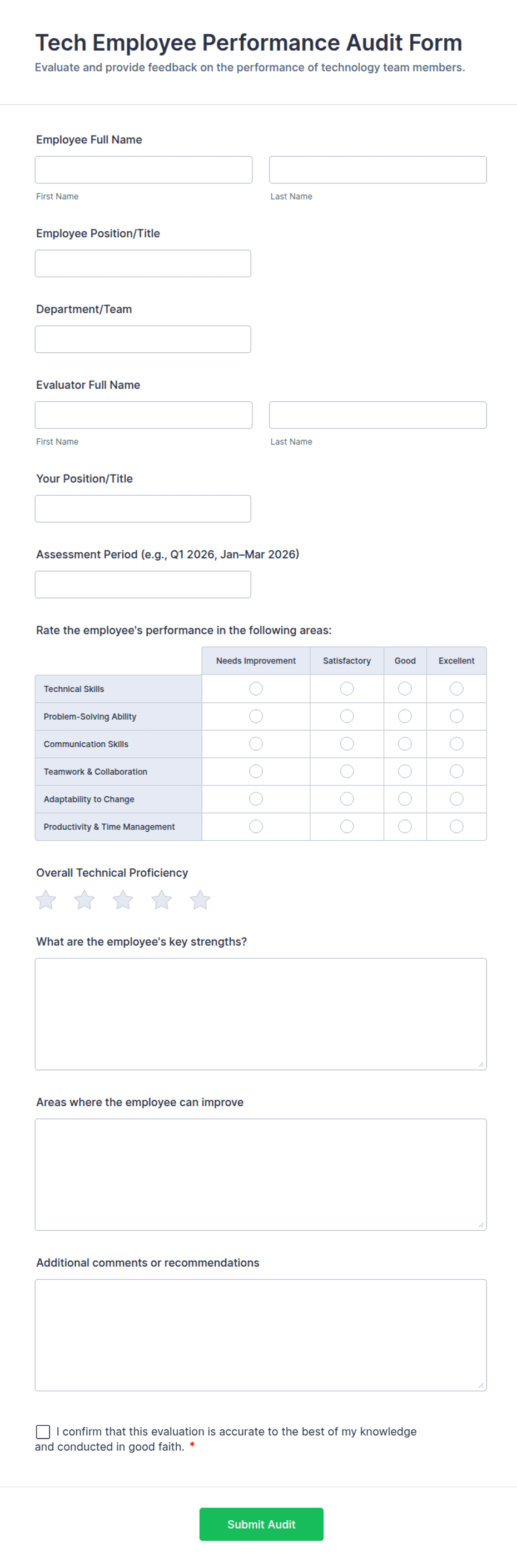 Work Performance Audit Tech Employee Performance Audit Form Template | Jotform