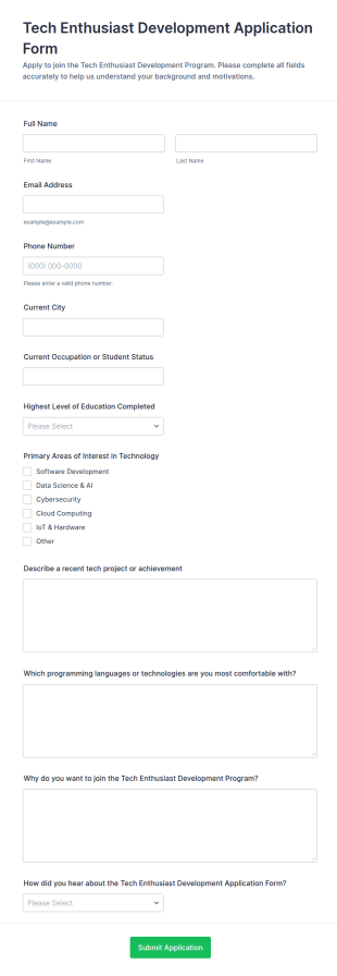 Tech Enthusiast Development Application Form Template