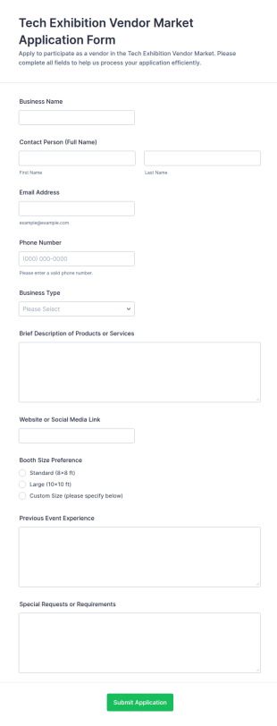 Tech Exhibition Vendor Market Application Form Template