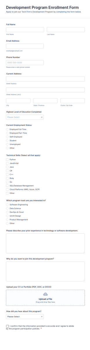 Tech Firm Development Program Enrollment Form Template