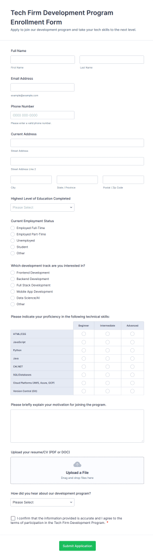 Tech Firm Development Program Enrollment Form Template