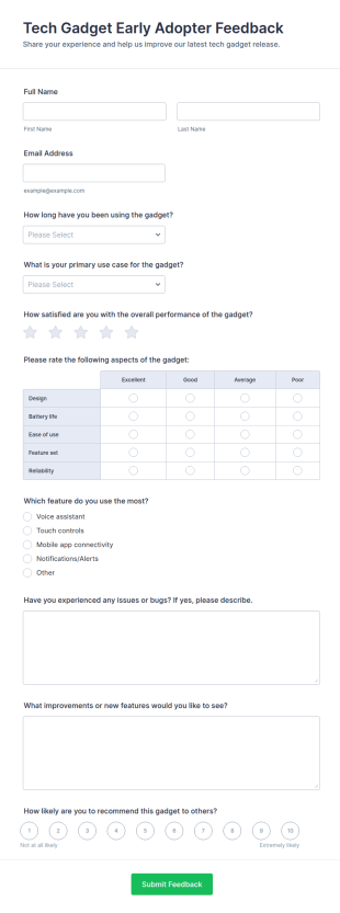 Tech Gadget Early Adopter Feedback Form Template