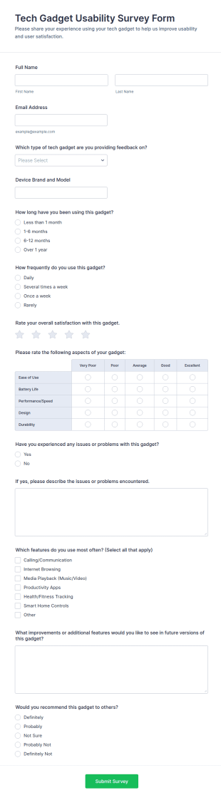 Tech Gadget Usability Survey Form Template