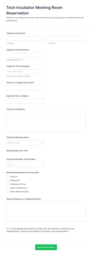 Tech Incubator Meeting Room Reservation Form Template