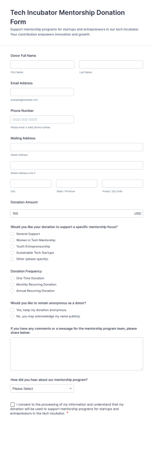 Tech Incubator Mentorship Donation Form Template