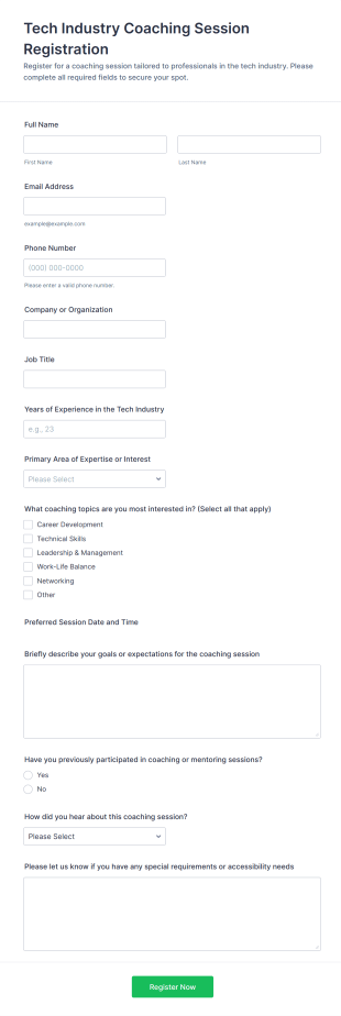 Tech Industry Coaching Session Registration Form Template