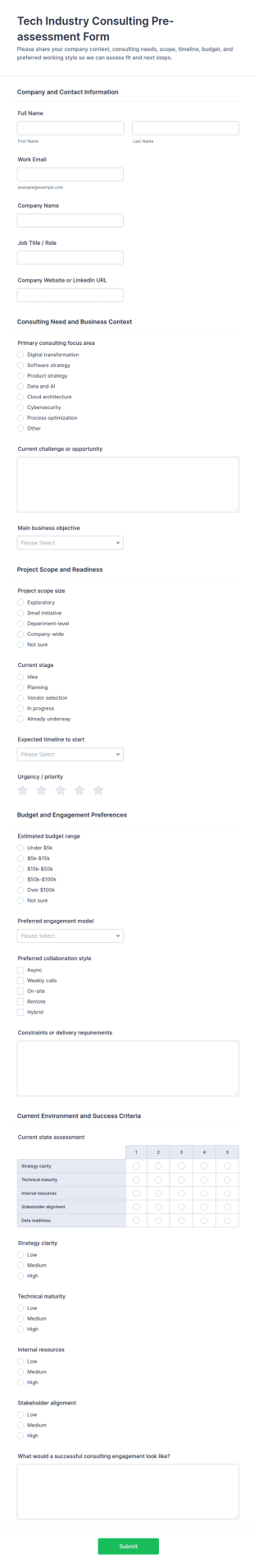 Tech Industry Consulting Pre Assessment Form Template