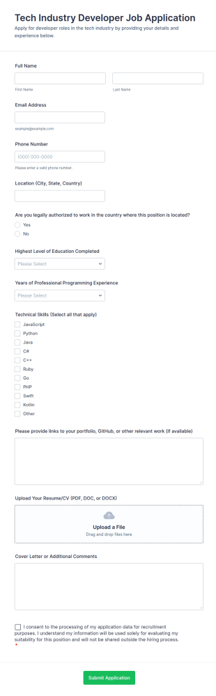 Tech Industry Developer Job Application Form Template