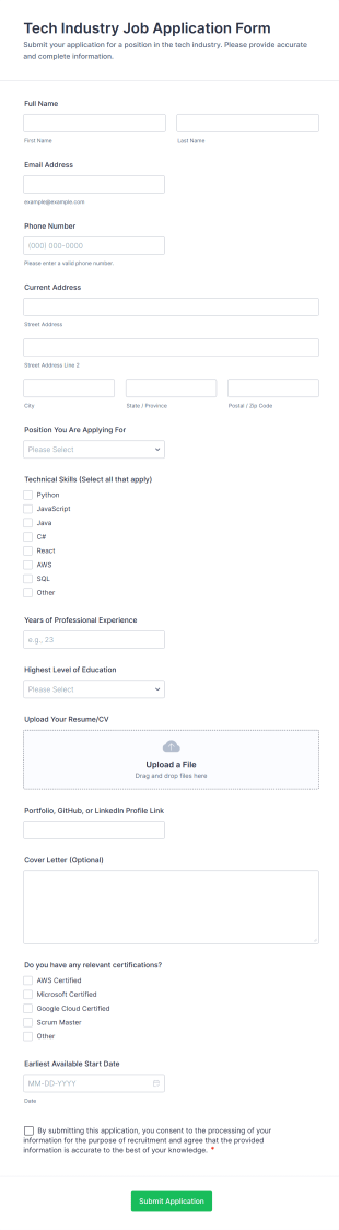 Tech Industry Job Application Form Form Template