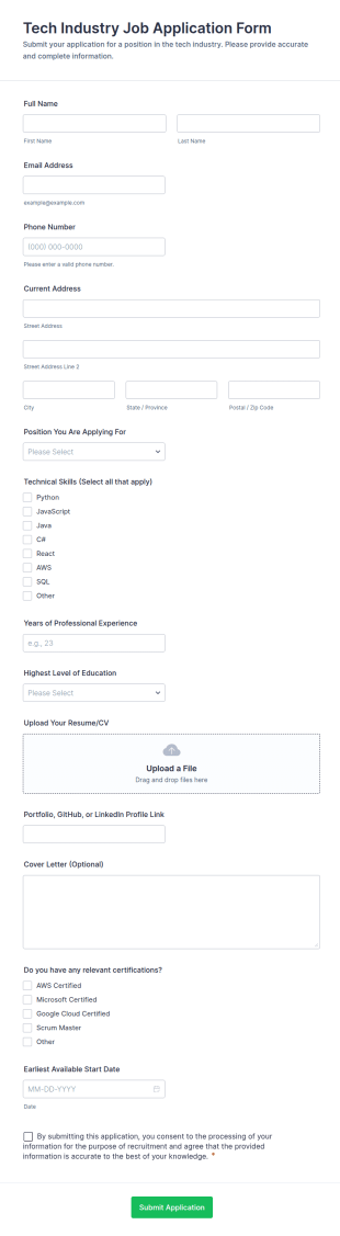 Tech Industry Job Application Form Template
