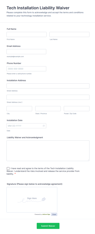 Tech Installation Liability Waiver Form Template