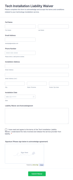Tech Installation Liability Waiver Form Template