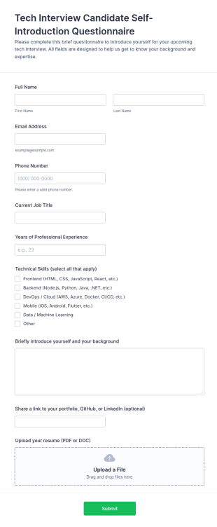 Tech Interview Candidate Self Introduction Form Template
