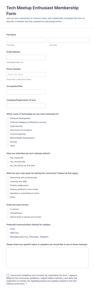 Tech Meetup Enthusiast Membership Form Template