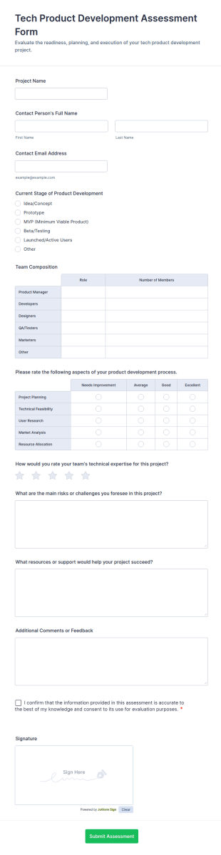 Tech Product Development Assessment Form Template