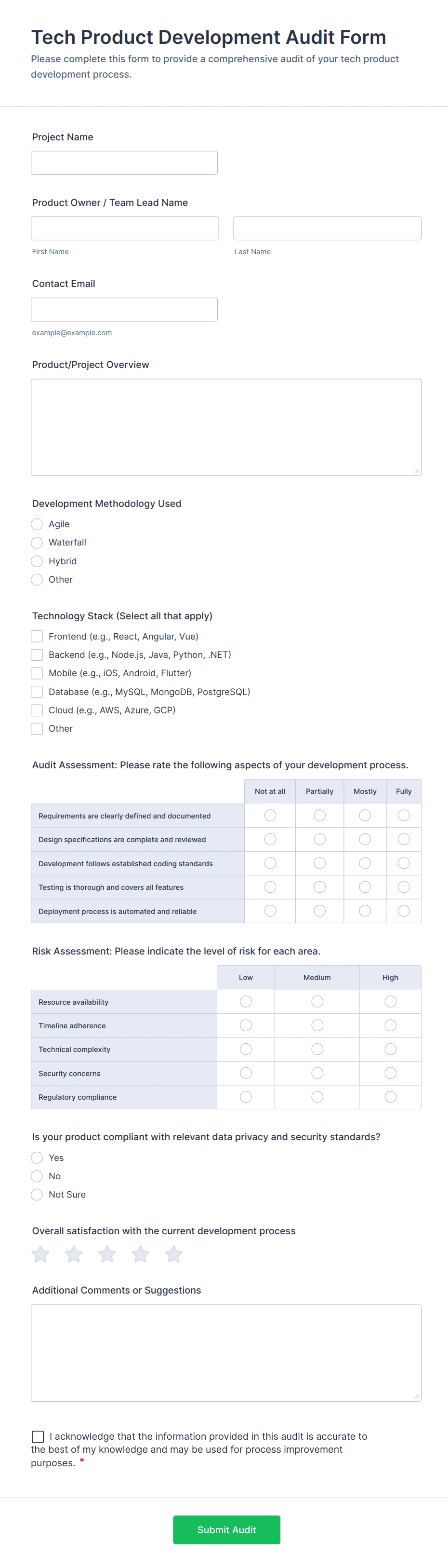 Tech Product Development Audit Form Template | Jotform