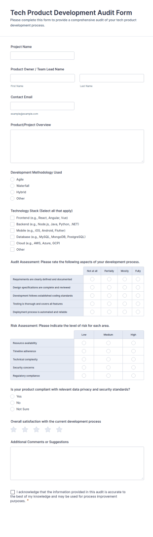 Tech Product Development Audit Form Template