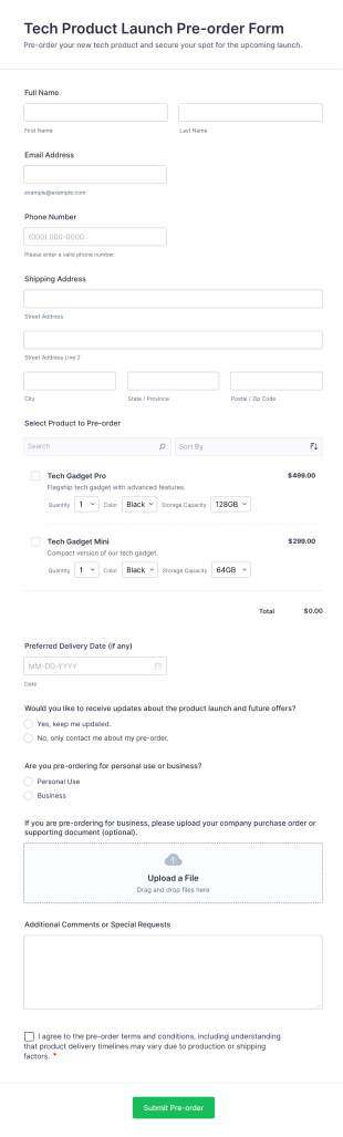 Tech Product Launch Pre Order Form Template