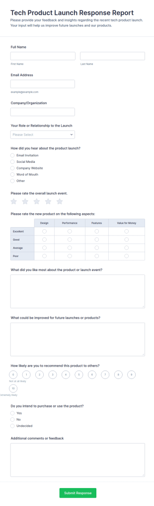 Tech Product Launch Response Report Form Template