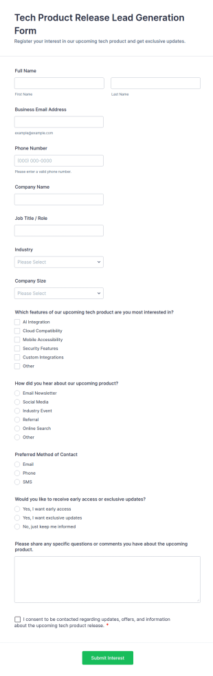 Tech Product Release Lead Generation Form Template