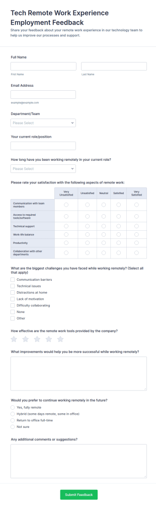 Tech Remote Work Experience Employment Feedback Form Template