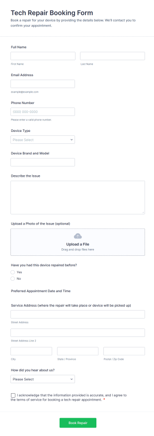 Tech Repair Booking Form Template