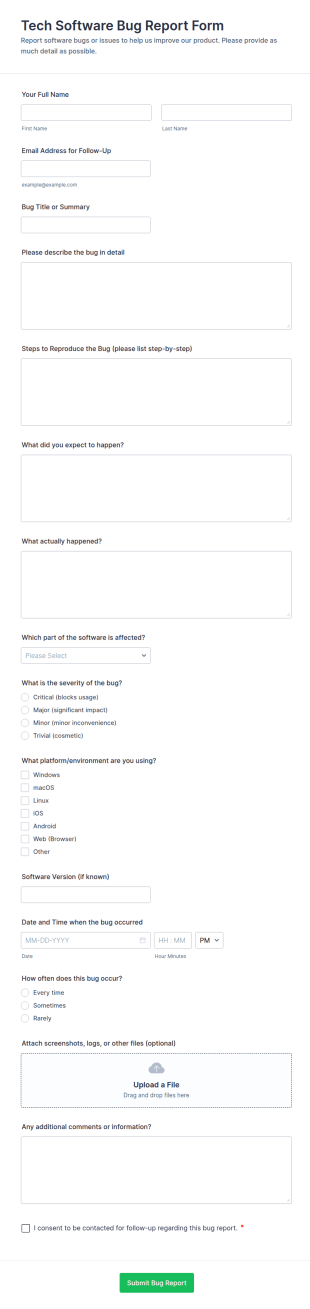 Tech Software Bug Report Form Template