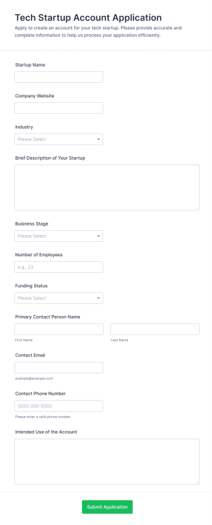 Tech Startup Account Application Form Template