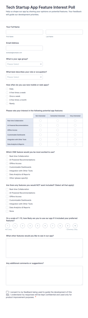 Tech Startup App Feature Interest Poll Form Template