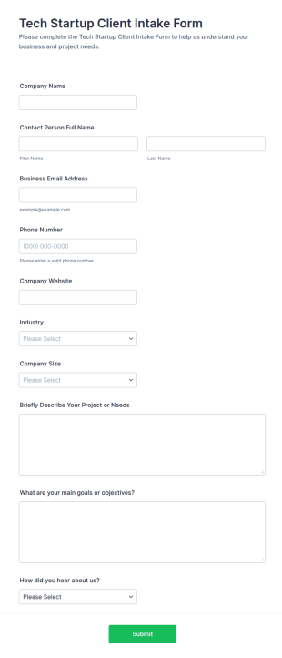 Tech Startup Client Intake Form Template