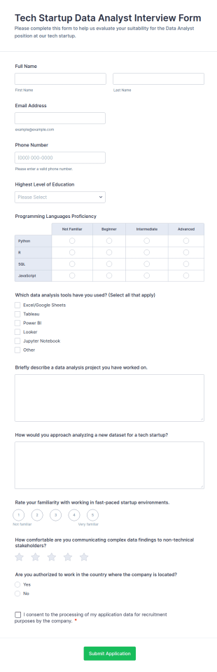 Tech Startup Data Analyst Interview Form Template