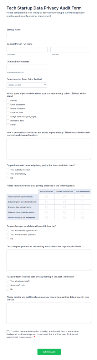 Tech Startup Data Privacy Audit Form Template